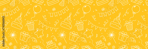 Happy birthday seamless pattern on yellow background. Cute birthday doodle pattern with gift elements