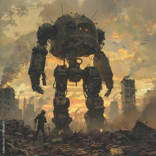 Post apocalyptic battlefield robots vs mutants amidst the ruins of a nuclear blast a story of survival and innovation photo