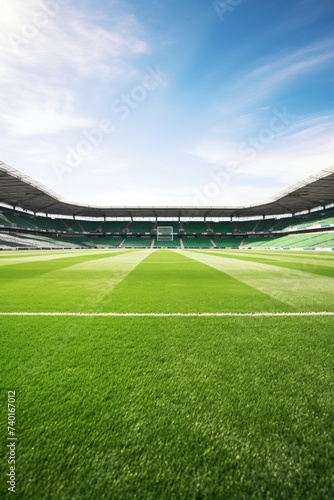 An empty soccer stadium with green grass  suitable for sports events