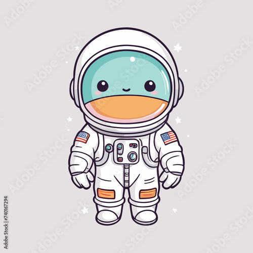 Adorable cartoon astronaut with a smiling face, wearing a white space suit adorned with flag patches, floating against a light gray background with sparkles.