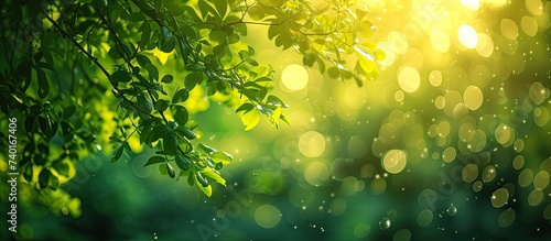A captivating image featuring sunlight filtering through the vibrant green leaves of a tree, creating a mesmerizing round bokeh effect.