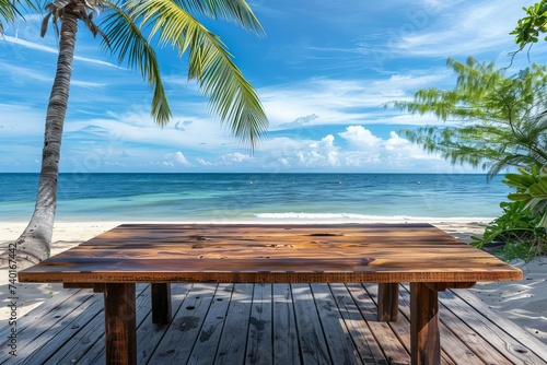 Tropical beach setting with a wooden table as the focal point Ideal for product displays or creative montage against the backdrop of sea and sky. © Lucija
