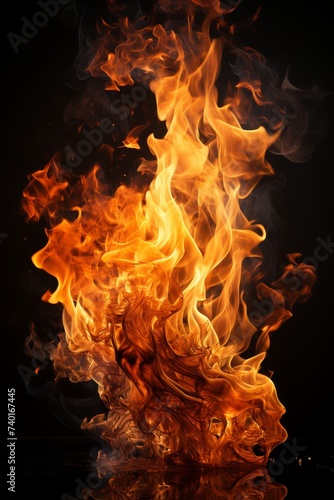 intense flames of a fire on a solid black background. The fiery tongues reach upward, consuming the fuel with vibrant orange and yellow colors