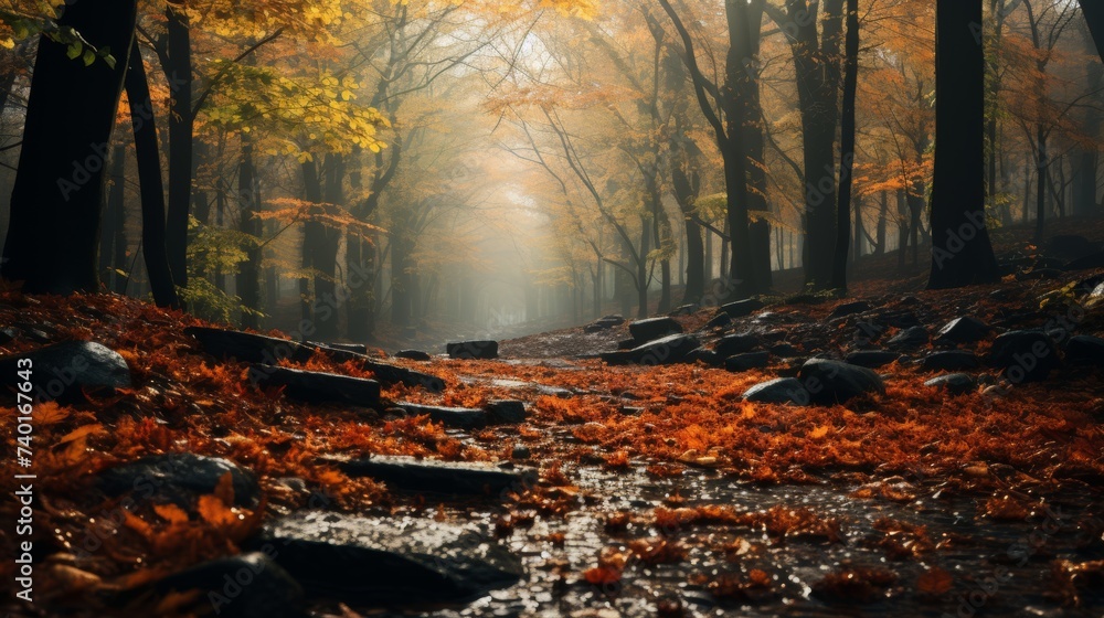 A Path Running Through a Leaf-Covered Forest A Path Running Through a Leaf-Covered Forest