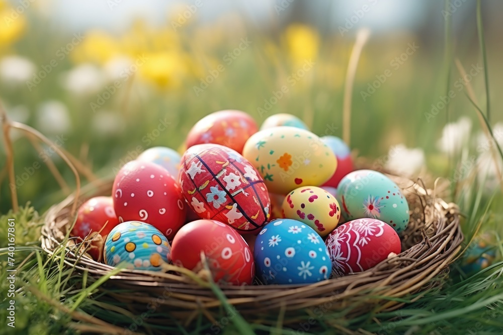 Easter eggs in a basket on grass, ideal for Easter holiday designs