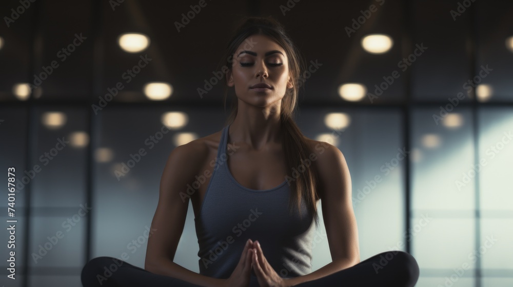 A woman sitting in a yoga position with closed eyes. Suitable for wellness and meditation concepts A woman sitting in a yoga position with closed eyes. Suitable for wellness and meditation concepts