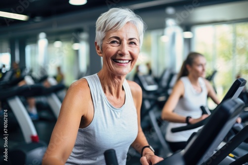 Woman happily exercising on stationary bike, suitable for fitness and health concepts