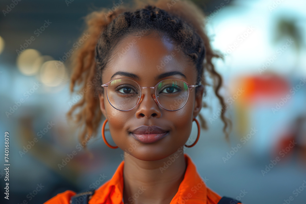 Young African American woman, aerospace technician at work - obrazy, fototapety, plakaty 