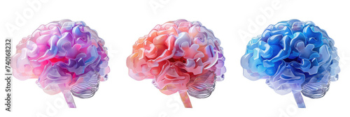 Three colorful brain models with an artistic, translucent appearance in pink, coral, and blue shades.