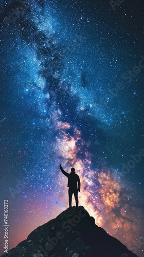 Silhouette of a man standing on the top of a mountain and looking at the milky way