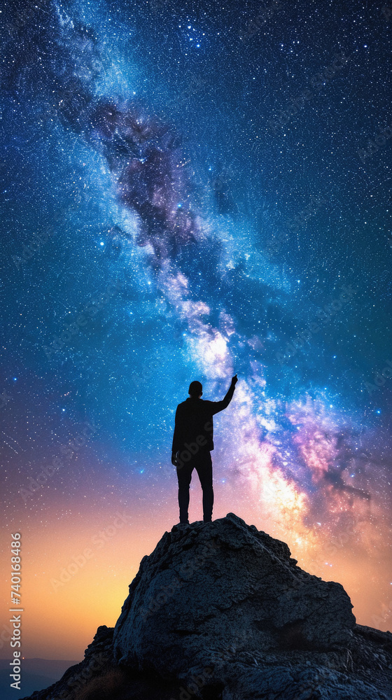 Silhouette of a man standing on top of a mountain and looking at the milky way