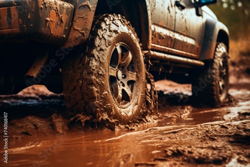  A close-up shot of mud-spattered tires navigating through a challenging off-road trail, showcasing the thrill of the journey