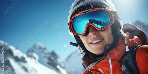 A woman wearing ski goggles and a red jacket. Perfect for winter sports promotions