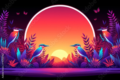 In this captivating scene  a stunning sunset fills the sky as two birds perch in the foreground  their silhouettes adding a touch of magic to the peaceful moment