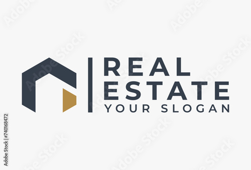 Black and Gold Initial Letter N Hexagon Real Estate Logo Image on White Background. Flat Vector Logo Design Template Element for Construction Architecture Building Logos. photo