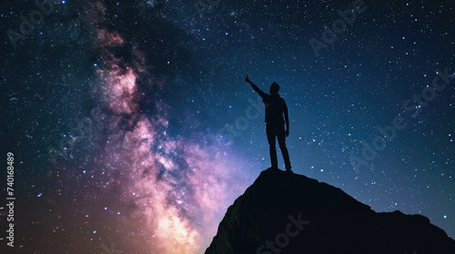 Silhouette of a man standing on top of a mountain and looking at the milky way