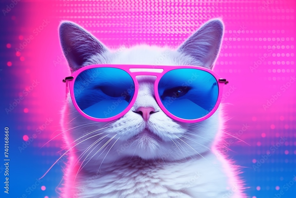 A stylish white cat strikes a pose while wearing trendy pink sunglasses against a backdrop of neon pink and blue tones