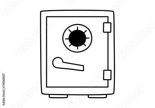 Hand drawn cute outline illustration of closed safe. Flat vector strongbox sticker in line art doodle style. Safety icon. Reliability and trust in banking. Security system. Isolated.