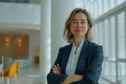 Confident businesswoman in a modern office, arms crossed, professional and poised