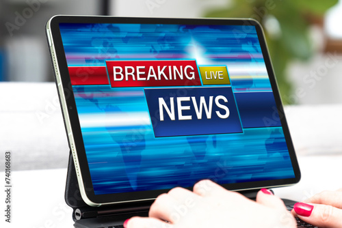 Woman watching breaking news on her tablet