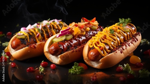 Two Hot Dogs With Toppings on a Black Surface