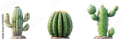 Three realistic cacti on a transparent background, Mexican theme.