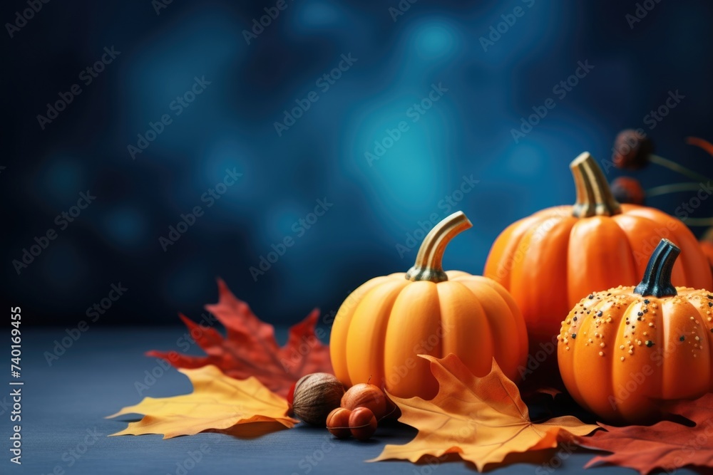 Three small pumpkins sitting on top of a pile of leaves. Suitable for autumn and Halloween themes Three small pumpkins sitting on top of a pile of leaves. Suitable for autumn and Halloween themes