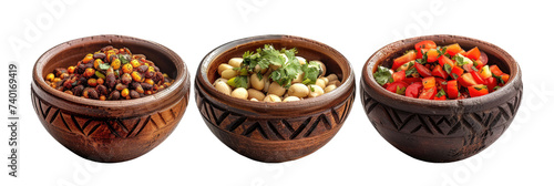 Assorted Mexican dishes in carved wooden bowls on a transparent background.