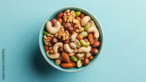 Mix of nuts in bowl on blue background. Healthy food concept .