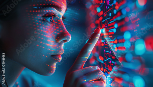 Beautiful young woman touching hologram screen while standing in server room, concept of Humans work with artificial intelligence, Hologram Global Internet connection, innovative futuristic technology