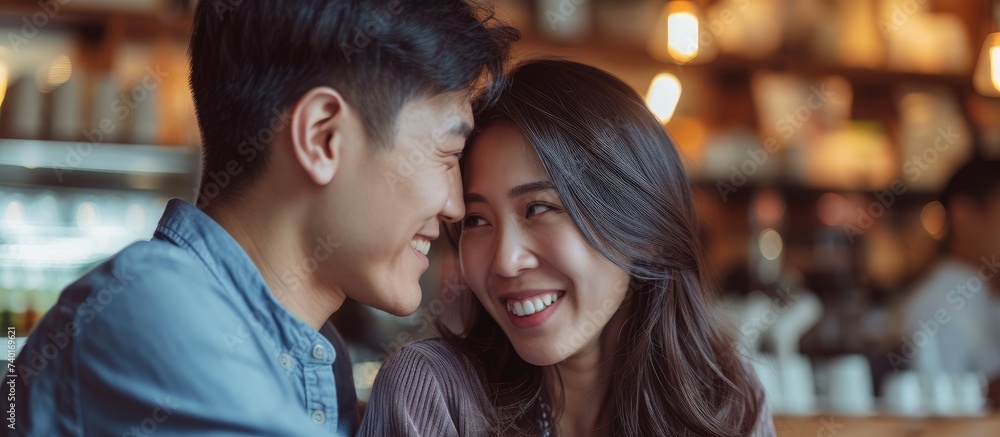 Fototapeta premium A young Asian man and woman are seated next to each other in a cozy coffee cafe, enjoying each others company. They appear relaxed and engaged in conversation.