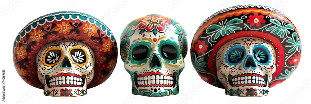 Three colorful Mexican decorative skulls with flower designs and folkloric motifs on a transparent background.