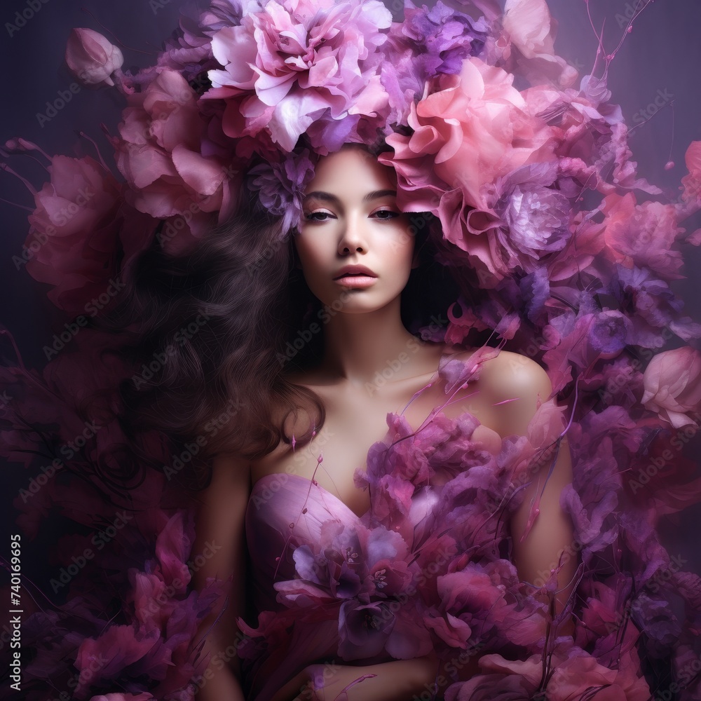 A stunning woman is pictured with colorful flowers delicately woven into her hair, creating a natural and ethereal crown that enhances her beauty
