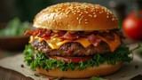 Bacon cheeseburger and gooey cheese. AI generated illustration