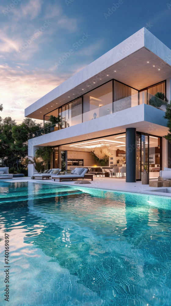 Modern villa with swimming pool at sunset. Luxury house exterior