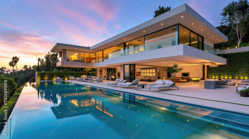 Luxury house with swimming pool at dusk. Luxury villa with swimming pool at sunset .