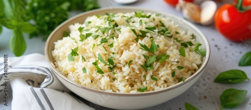 A delicious vegetarian rice dish infused with fragrant herbs, presented in a white bowl and garnished with fresh parsley.