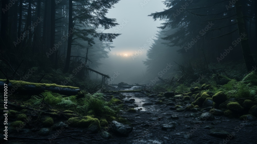 Obraz premium A Stream Flowing Through a Dense Forest