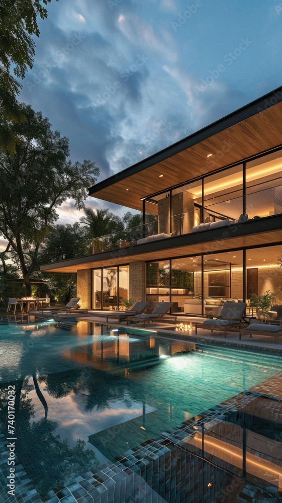 Fototapeta premium Luxury modern house with swimming pool and outdoor deck at night
