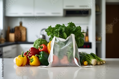 Sustainable Bag of Fresh Vegetables displayed on a Contemporary Kitchen Table. Concept Healthy Eating, Sustainable Lifestyle, Farm-to-Table Dining, Kitchen Decor, Fresh Produce