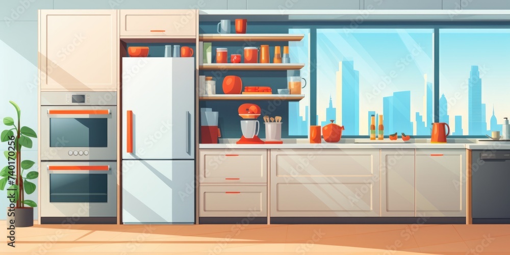 A kitchen with a refrigerator, stove, dishwasher, and window. Ideal for home decor or real estate concepts A kitchen with a refrigerator, stove, dishwasher, and window. Ideal for home decor or real estate concepts