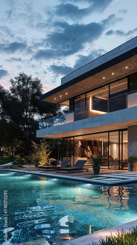 Modern house with swimming pool at dusk, Los Angeles, California, USA