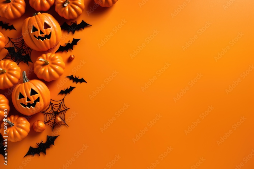A group of pumpkins with bats on an orange background. Perfect for Halloween designs A group of pumpkins with bats on an orange background. Perfect for Halloween designs