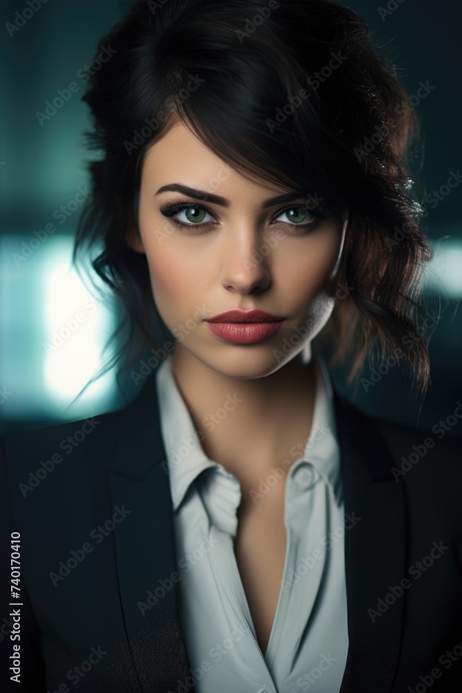A woman wearing a suit and tie poses for a professional portrait. Suitable for corporate and business concepts A woman wearing a suit and tie poses for a professional portrait. Suitable for corporate and business concepts