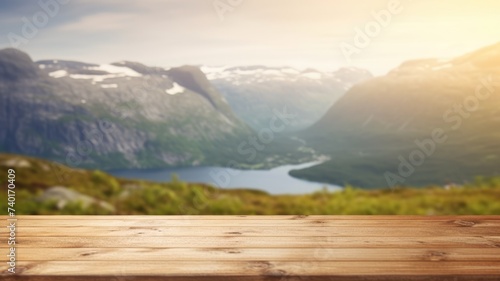 The empty wooden brown table top with blur background of Norway nature landscape. Exuberant image. generative AI