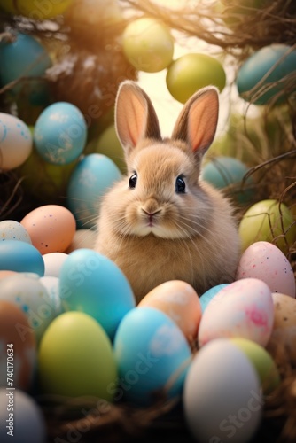 A small rabbit sitting in a nest filled with eggs. Ideal for Easter-themed designs