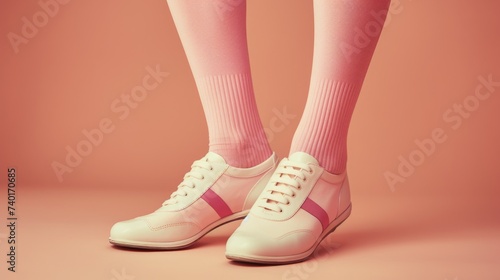 A person wearing white shoes and pink socks, suitable for fashion or casual lifestyle concepts