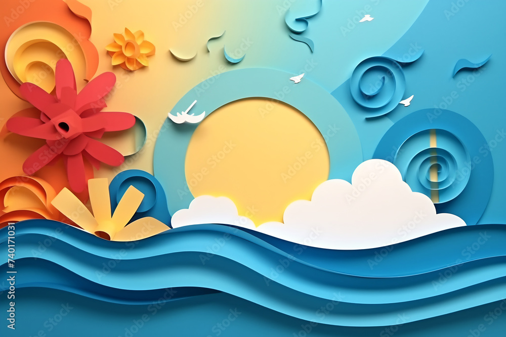 Summer Landscape with Flowers and Grass Under a Blue Sky, paper cut design Summer Landscape with Flowers and Grass Under a Blue Sky, paper cut design