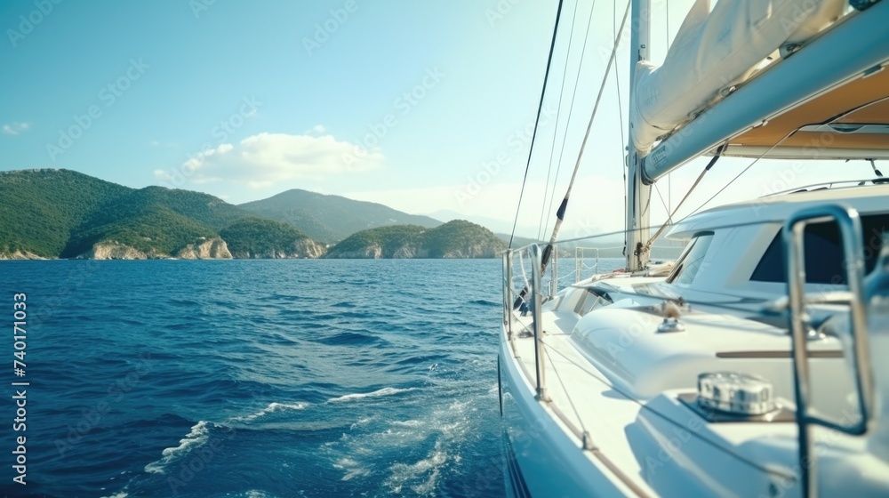 A sailboat sailing in the ocean with mountains in the background. Ideal for travel and adventure concepts A sailboat sailing in the ocean with mountains in the background. Ideal for travel and adventure concepts