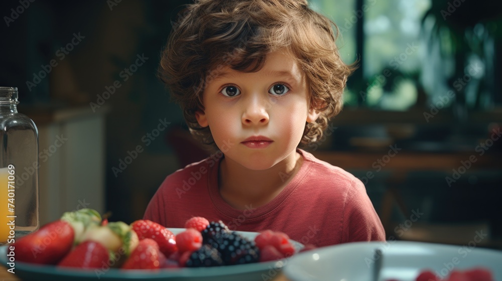A young boy sitting at a table with a bowl of fresh fruit. Suitable for healthy eating concepts A young boy sitting at a table with a bowl of fresh fruit. Suitable for healthy eating concepts